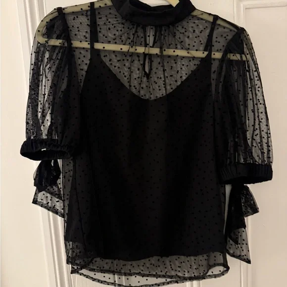 Anthropologie Black Sheer Polka Dot Blouse - Picture 7 of 7